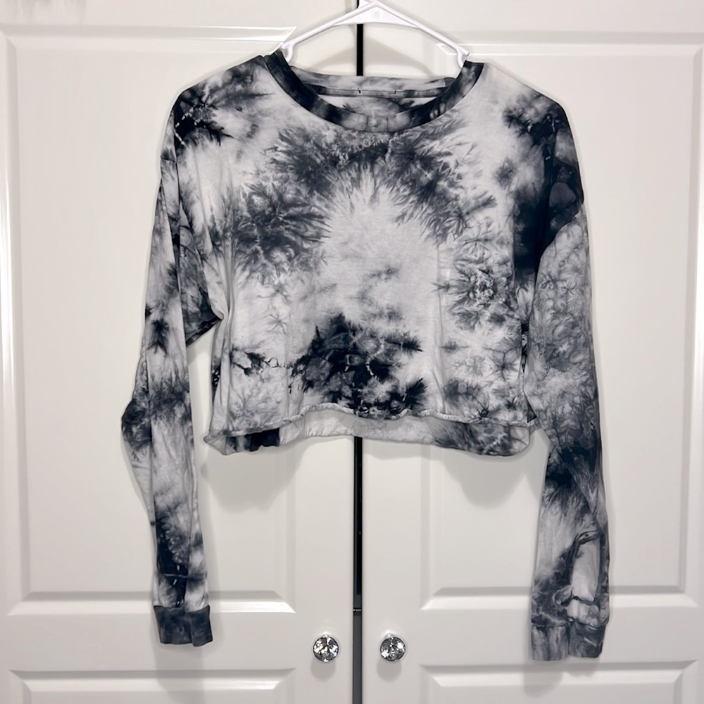 Gray Black Tie Dye Long Sleeve Cropped Top Sz Large